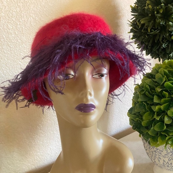 Rabbit Hair Red Hat with Purple Ostrich Plume - Pop of Red Bollywood Style Angora Rabbit Hair Red Hat with Purple Ostrich Plume NWT Pop  main image 3